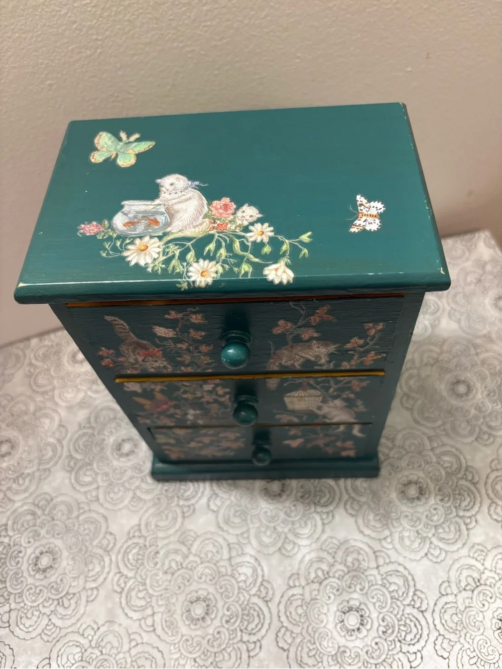 Teal Jewelry Chest with Cat & Bird Motif