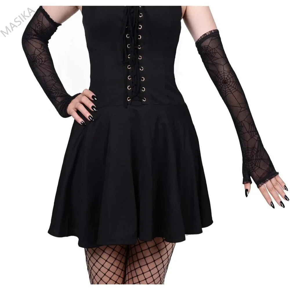 Women's Halloween Black 4 Dress Fingerless Spider Gothic Playing Lace Gloves