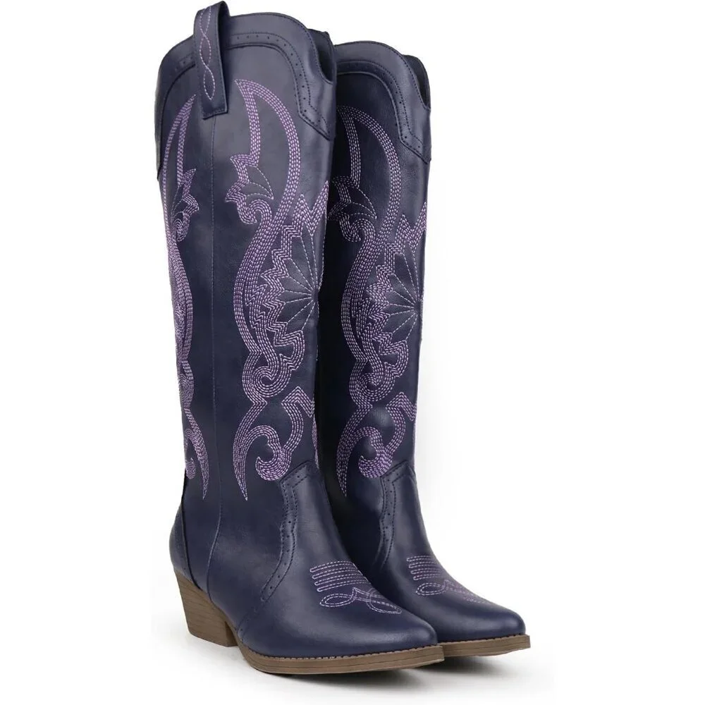 Women's Purple Faux Leather Pointed Toe and Block Heel Classic Embroidered Boot