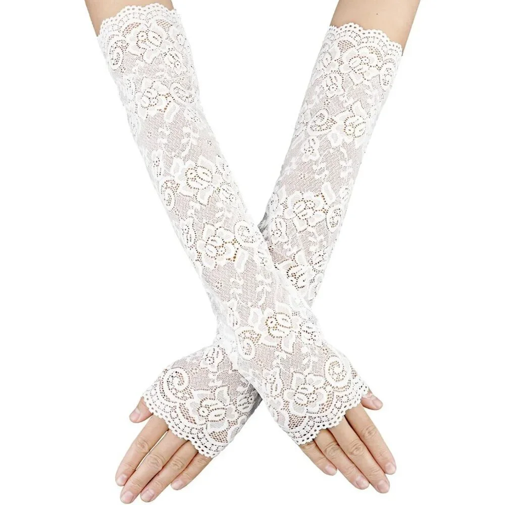 Women's Floral Design Lace Fabric White Gloves Elbow Length Sleeves Fingerless