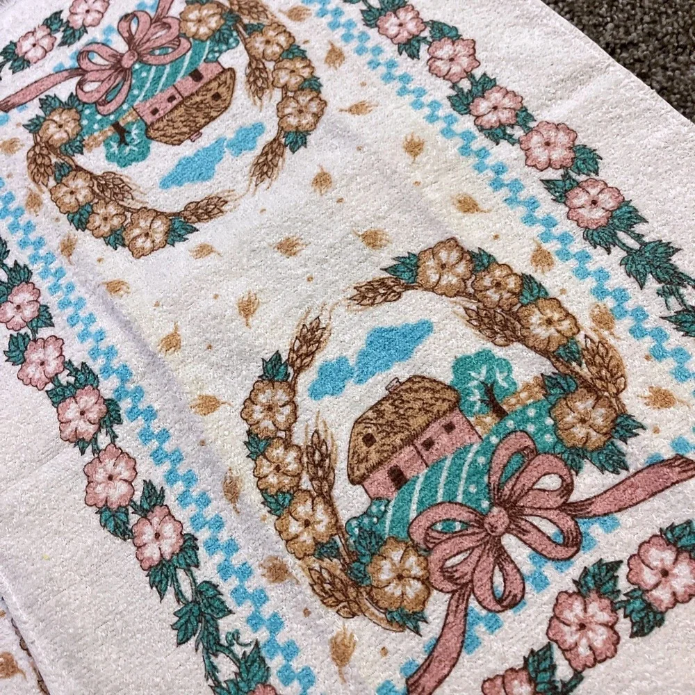 VTG CANNON Hand Kitchen Towel Fringe 70s NOS Farmhouse Barn Flower Bow Wheat‎