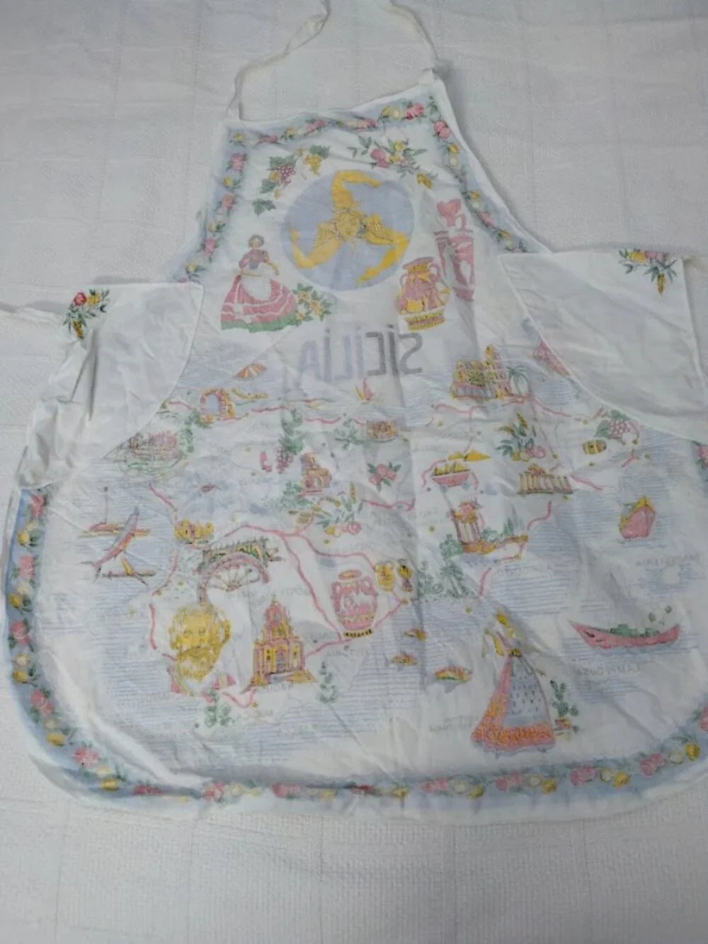 Vintage Kitchen Souvenir Apron Sicily Italian Map Folk Art Colorful Cotton