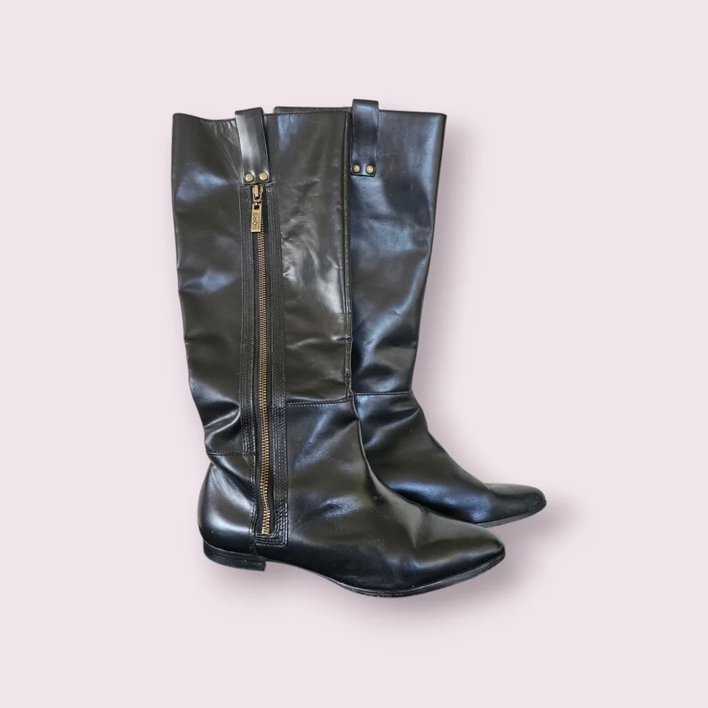 Michael Kors Zipper Accent Black All Leather Knee-High Grunge Rider Boots Sz 8.5