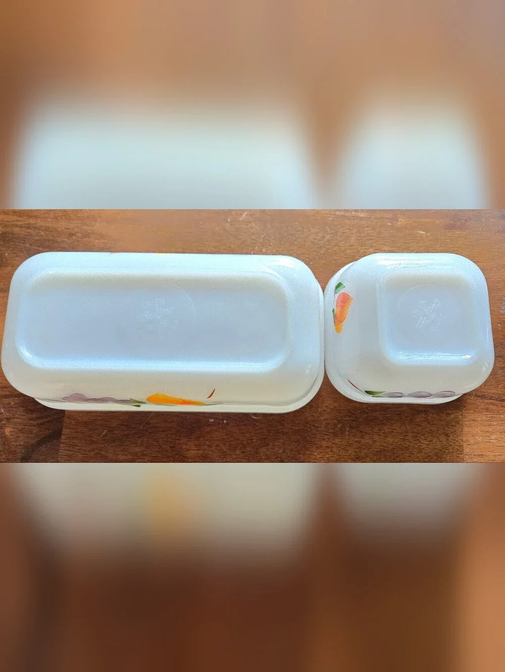 Set of 2 Vintage Fire King Ovenware Dishes Gay Fad Fruit Design w/ Lid