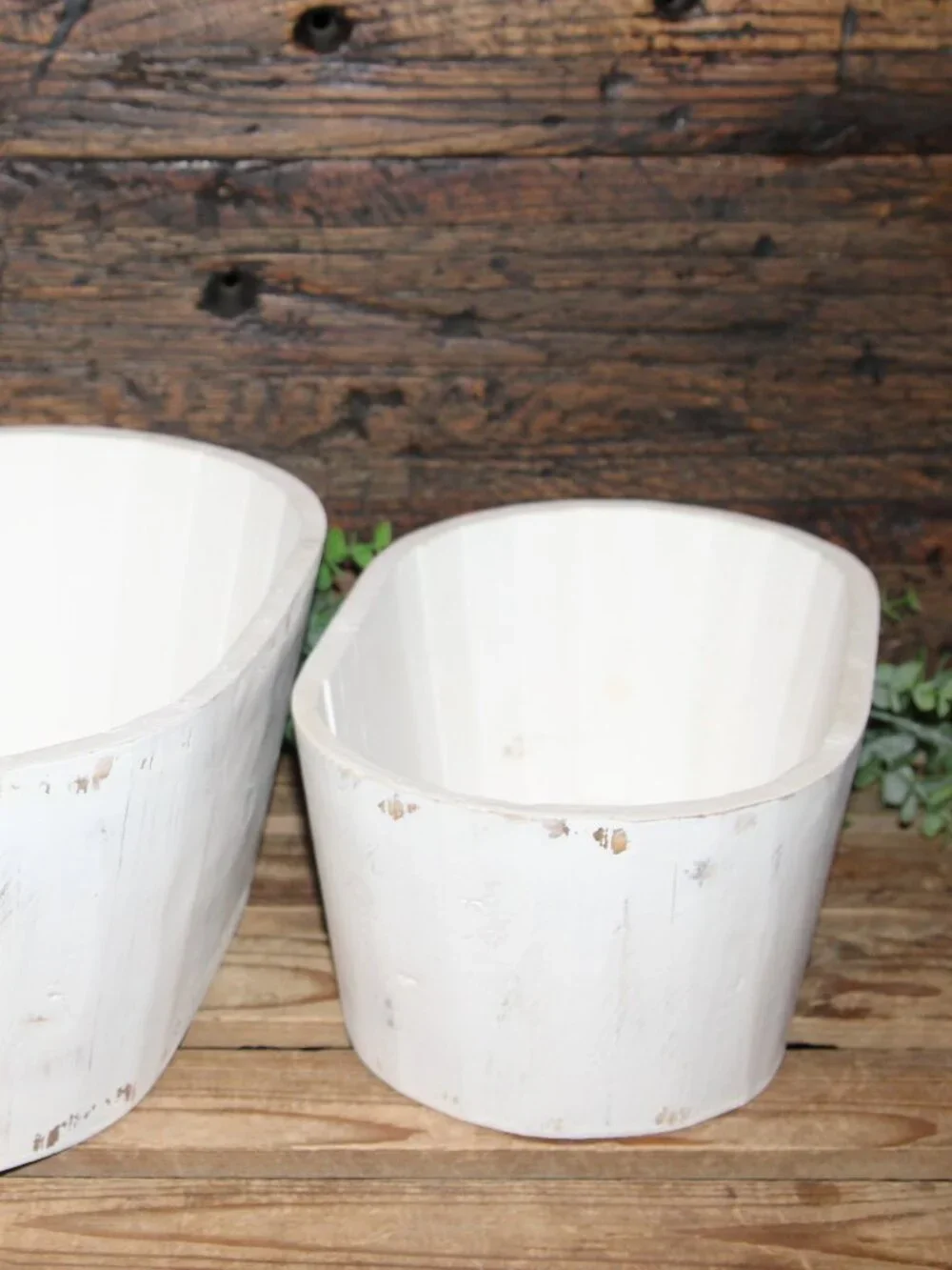 Pair of Large White Shabby Distressed Oval Wood Farmhouse Planter Buckets