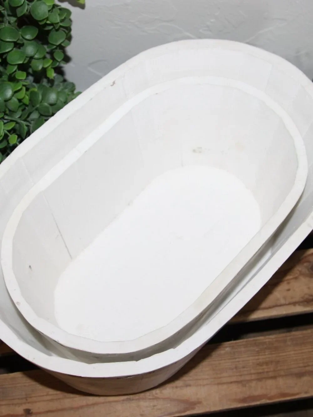 Pair of Large White Shabby Distressed Oval Wood Farmhouse Planter Buckets