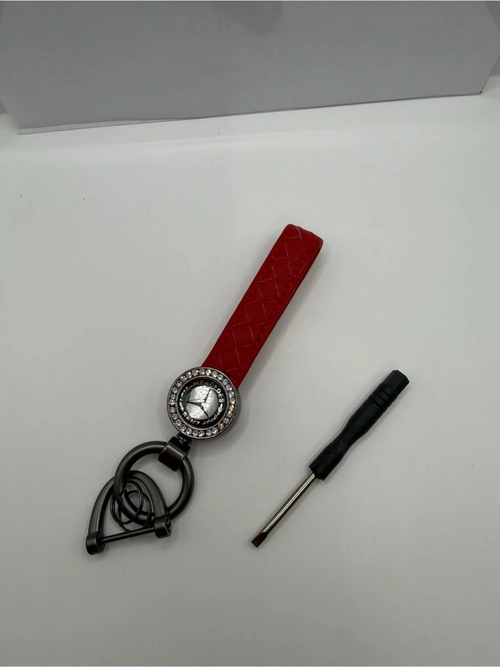 Mercedes Red Quilted Key & Card Holder Strap with Rhinestone Emblem