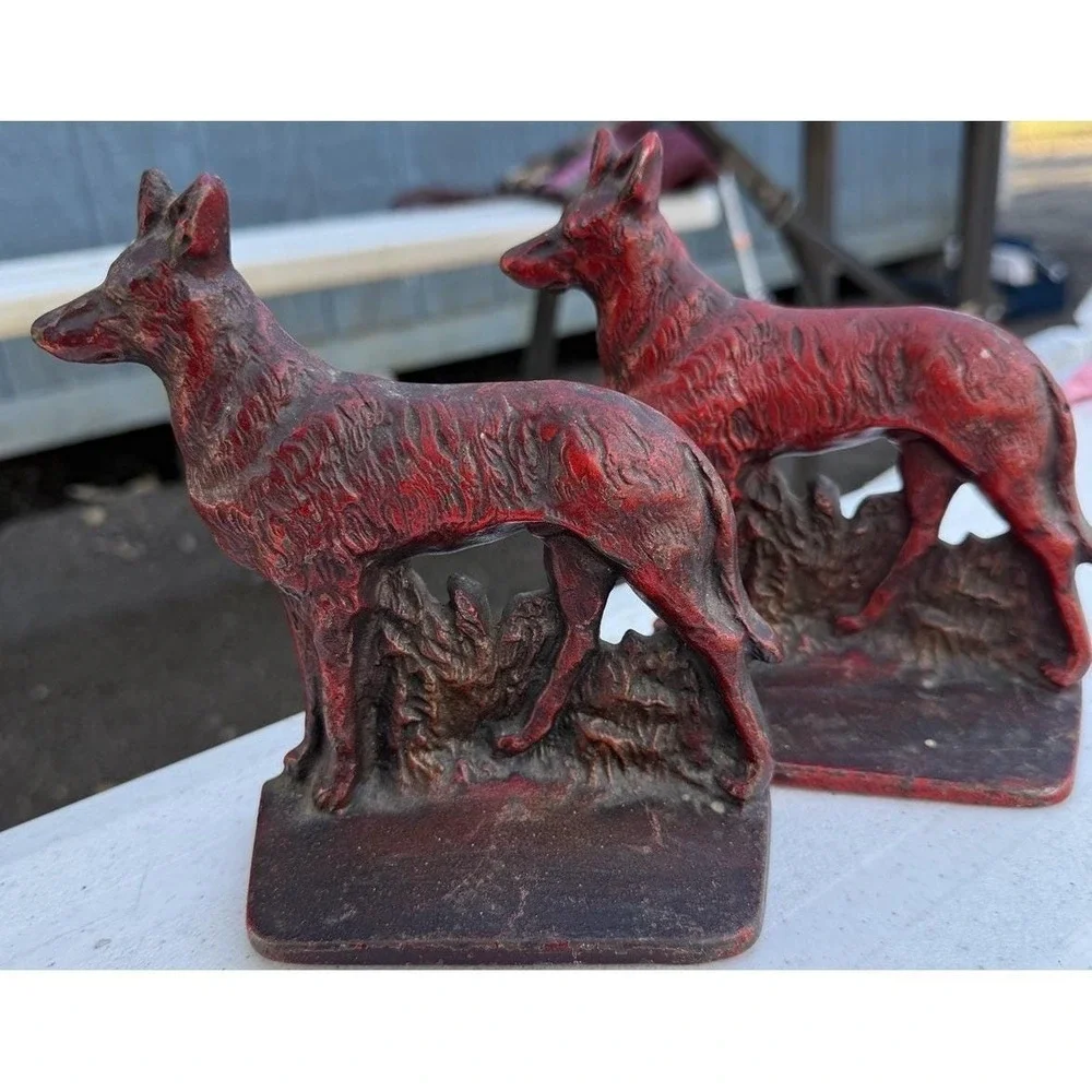 Vintage Cast Iron Bronze Red Patina German Shepherd‎ Dog Bookends Door Stops