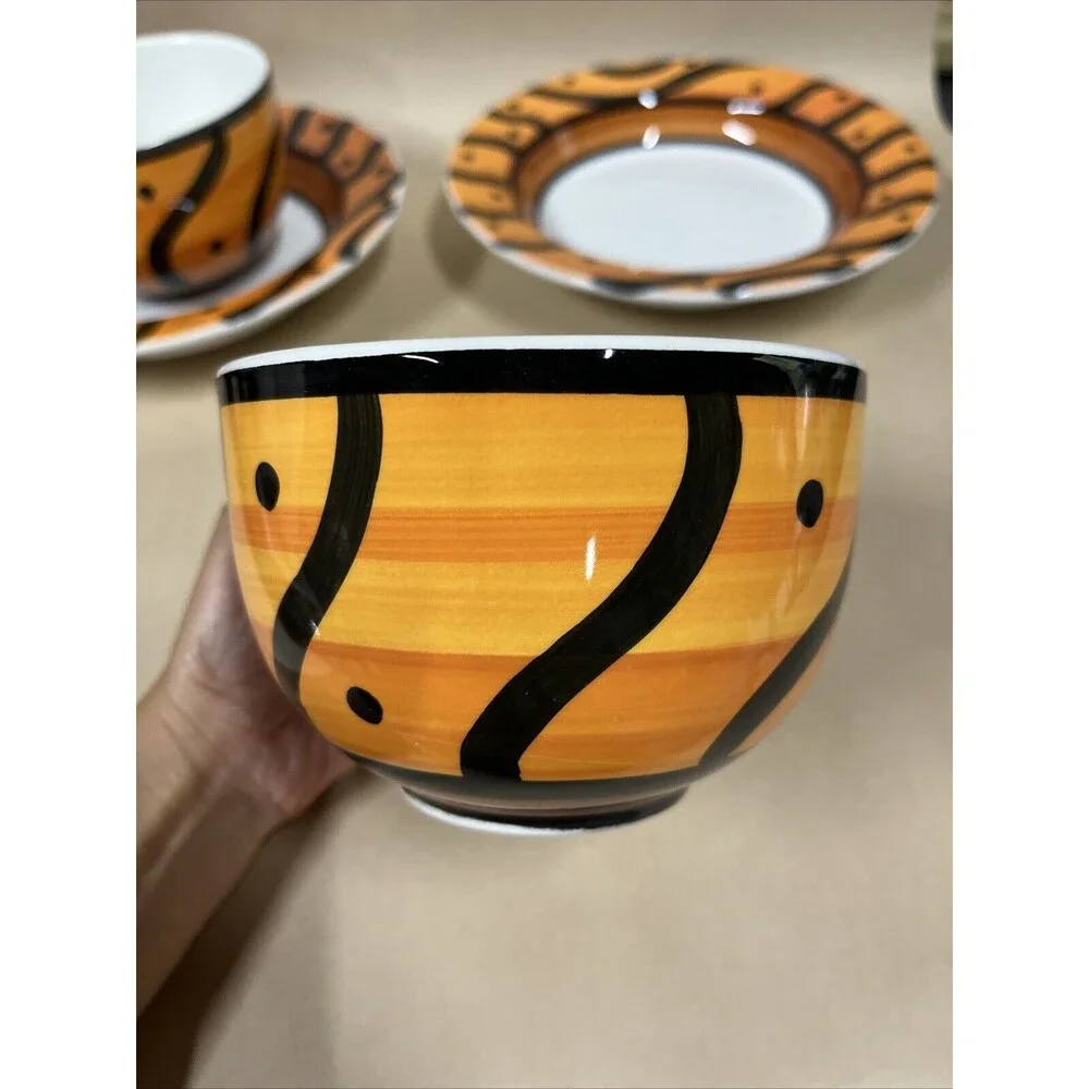 Set of  4 Pier 1 Hand Painted‎ ITALY Orange  Black Soup Bowls & Extra Big Mugs