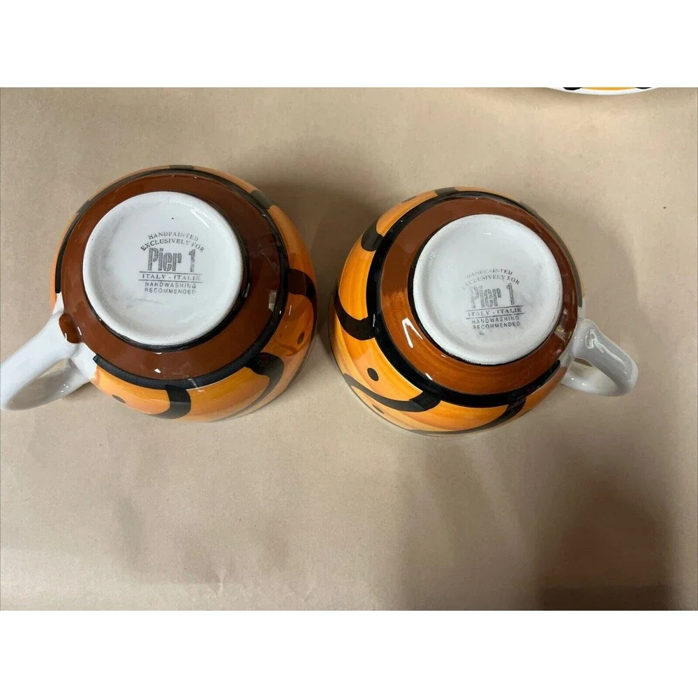 Set of  4 Pier 1 Hand Painted‎ ITALY Orange  Black Soup Bowls & Extra Big Mugs