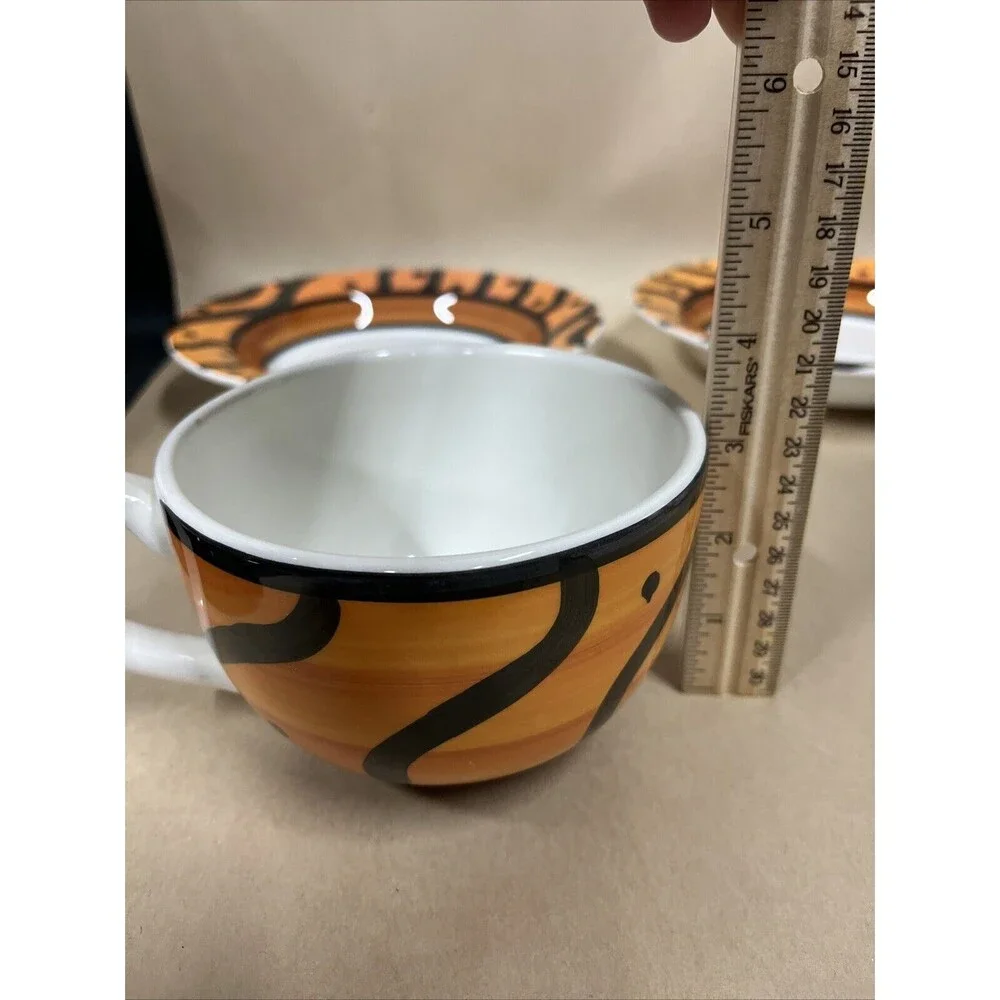 Set of  4 Pier 1 Hand Painted‎ ITALY Orange  Black Soup Bowls & Extra Big Mugs