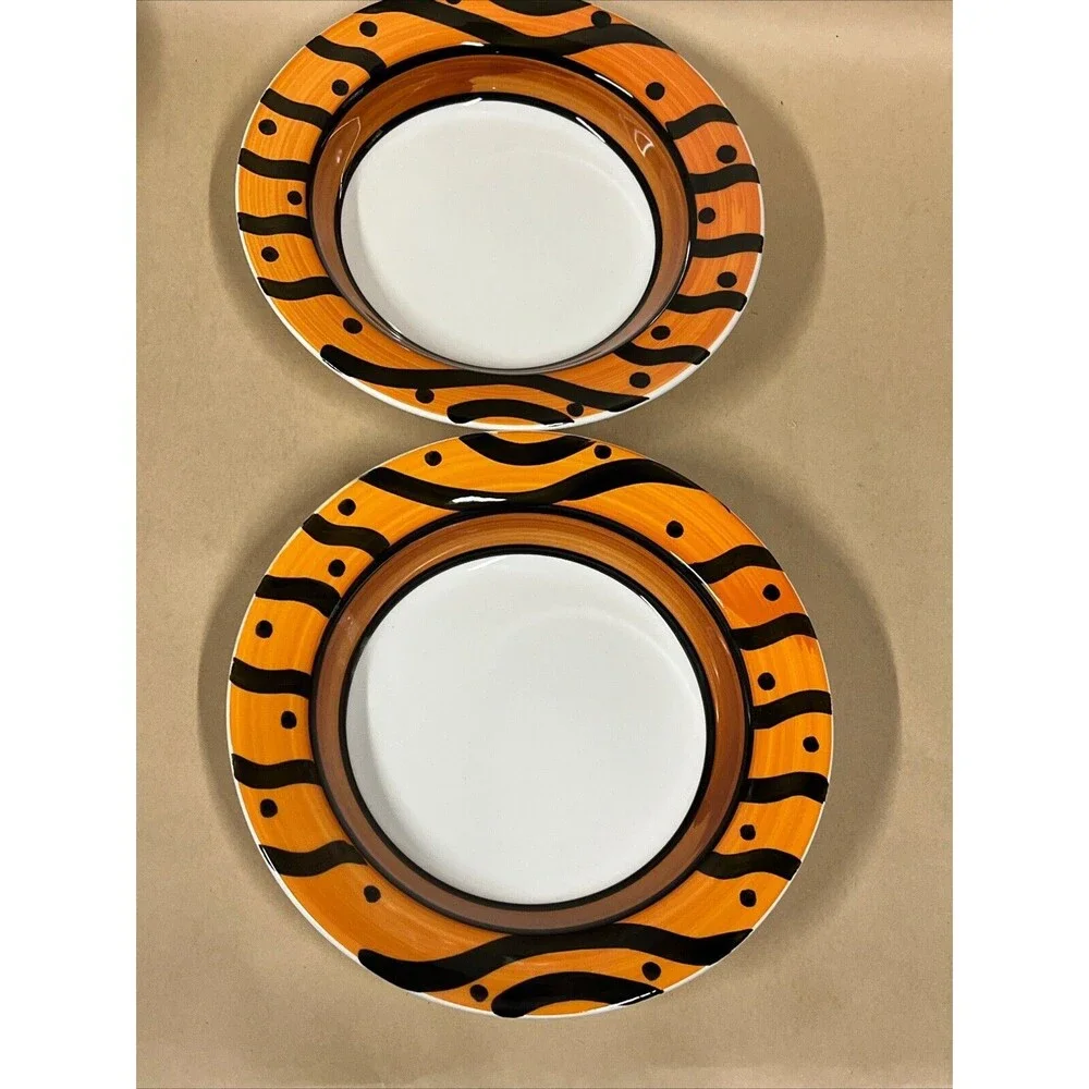 Set of  4 Pier 1 Hand Painted‎ ITALY Orange  Black Soup Bowls & Extra Big Mugs