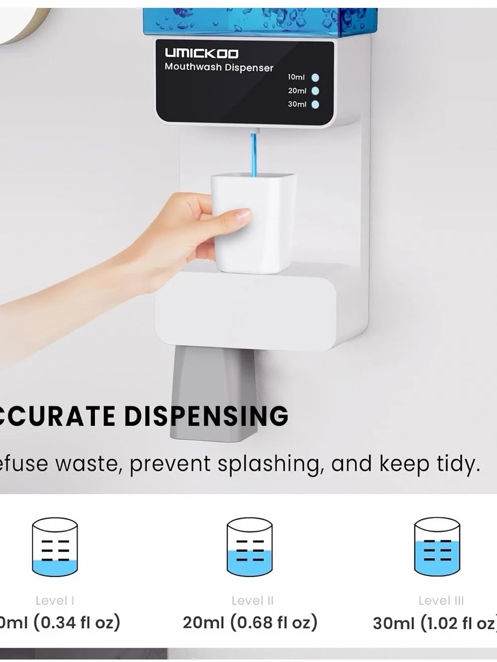 White Mouthwash Dispenser with Blue Reservoir