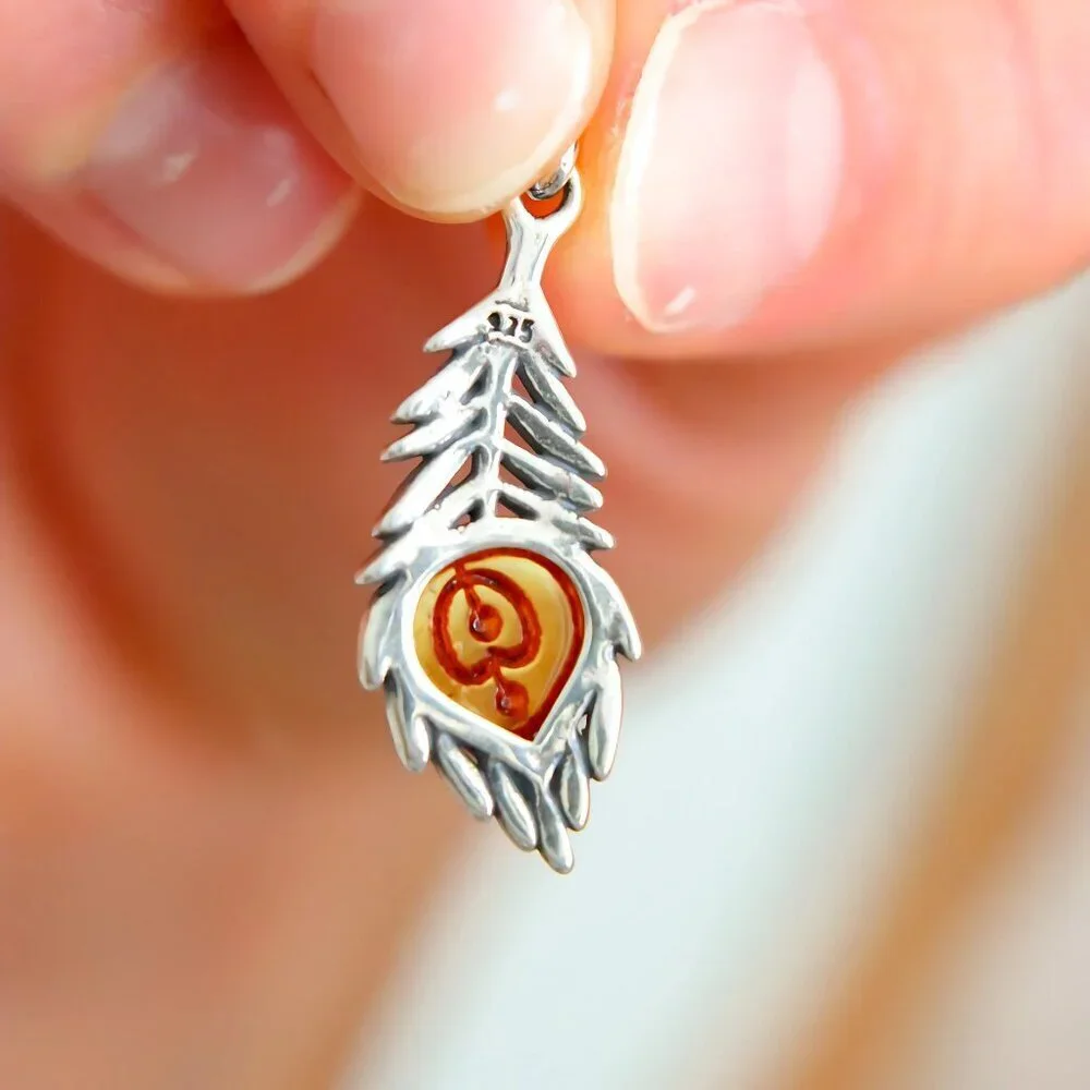 Silver Feather Pendant -Baltic Amber Necklace -s925