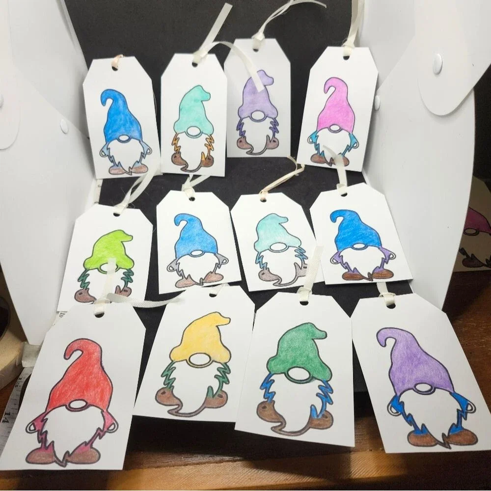 Hand Crafted Colorful Gnome Gift Tags Thank You Cards Set of 12