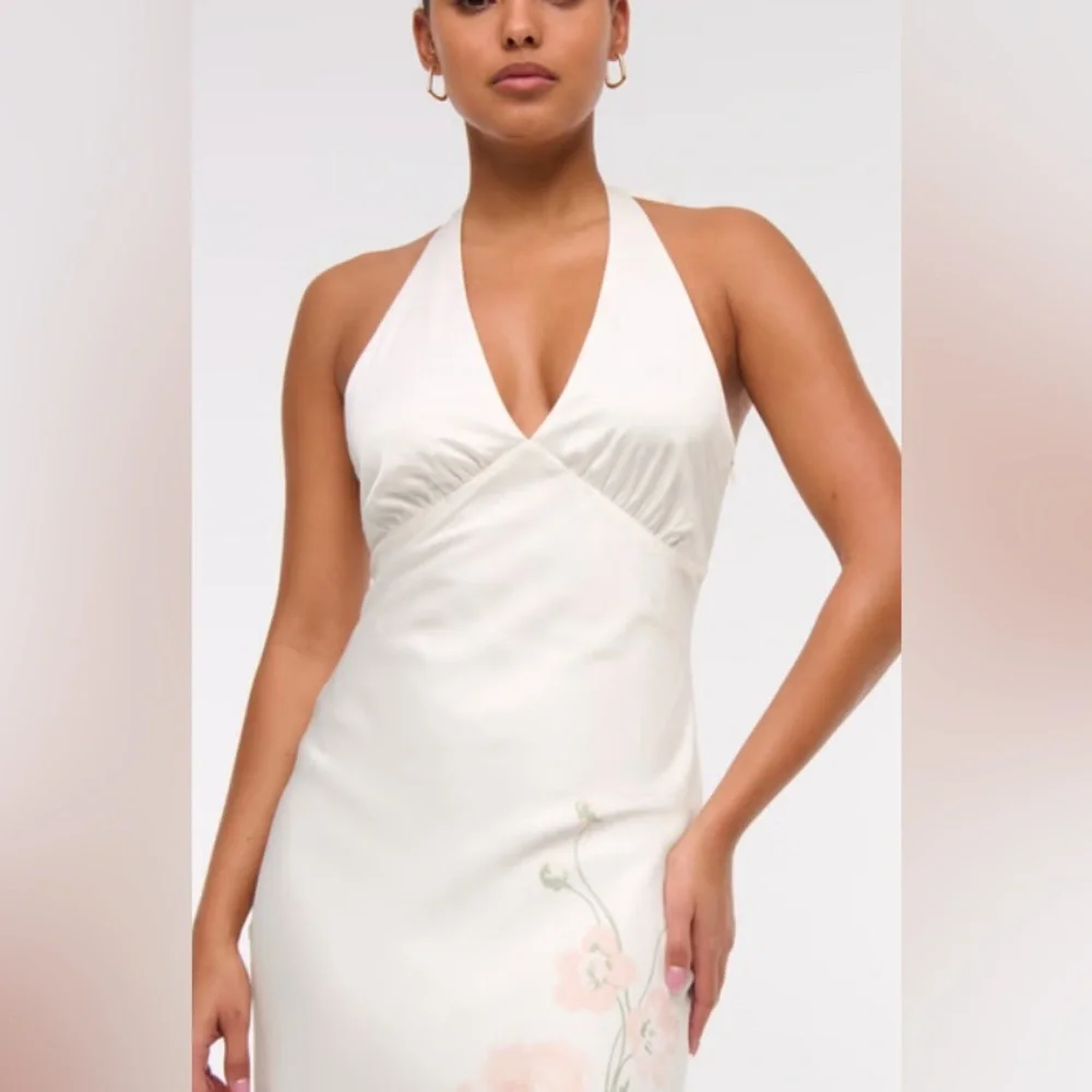 A&F Julia Slip Halter Maxi Dress: White Satin w/ Pale Pink Flowers/Size Petite L