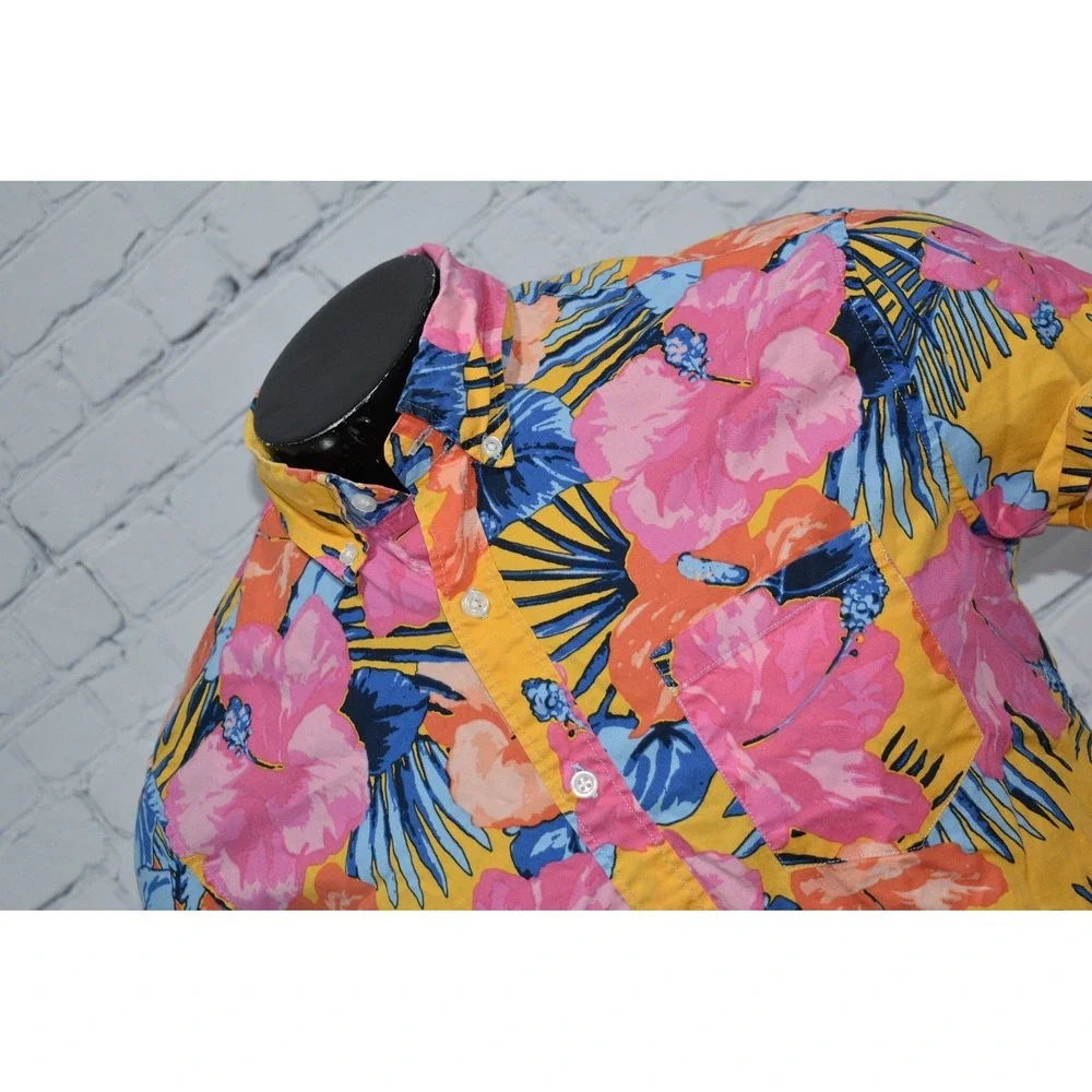 J.Crew Button Down Shirt Men Medium Yellow Pink Floral Slim Flex Washed Hawaiian