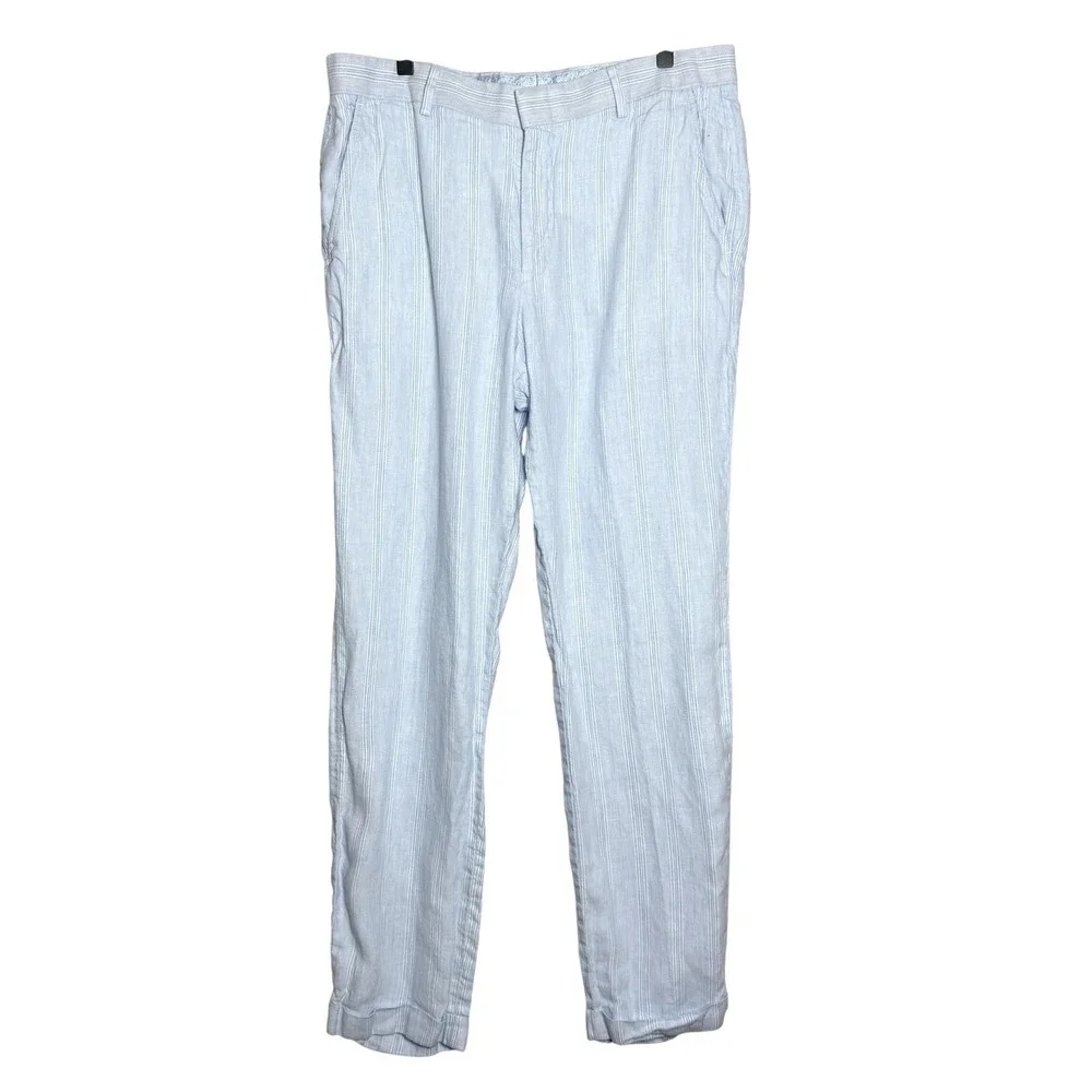 Murano Baird McNutt Irish Linen Pants Mens 34x32 Blue White Striped Alex Fit