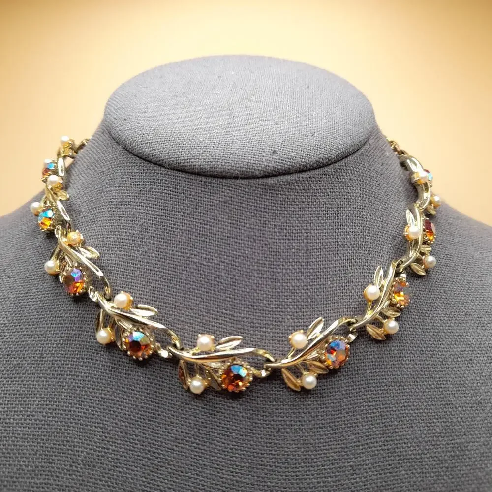 Vintage Light Topaz Rhinestone Choker Necklace, Faux Pearls, 1950s, 15 Inches