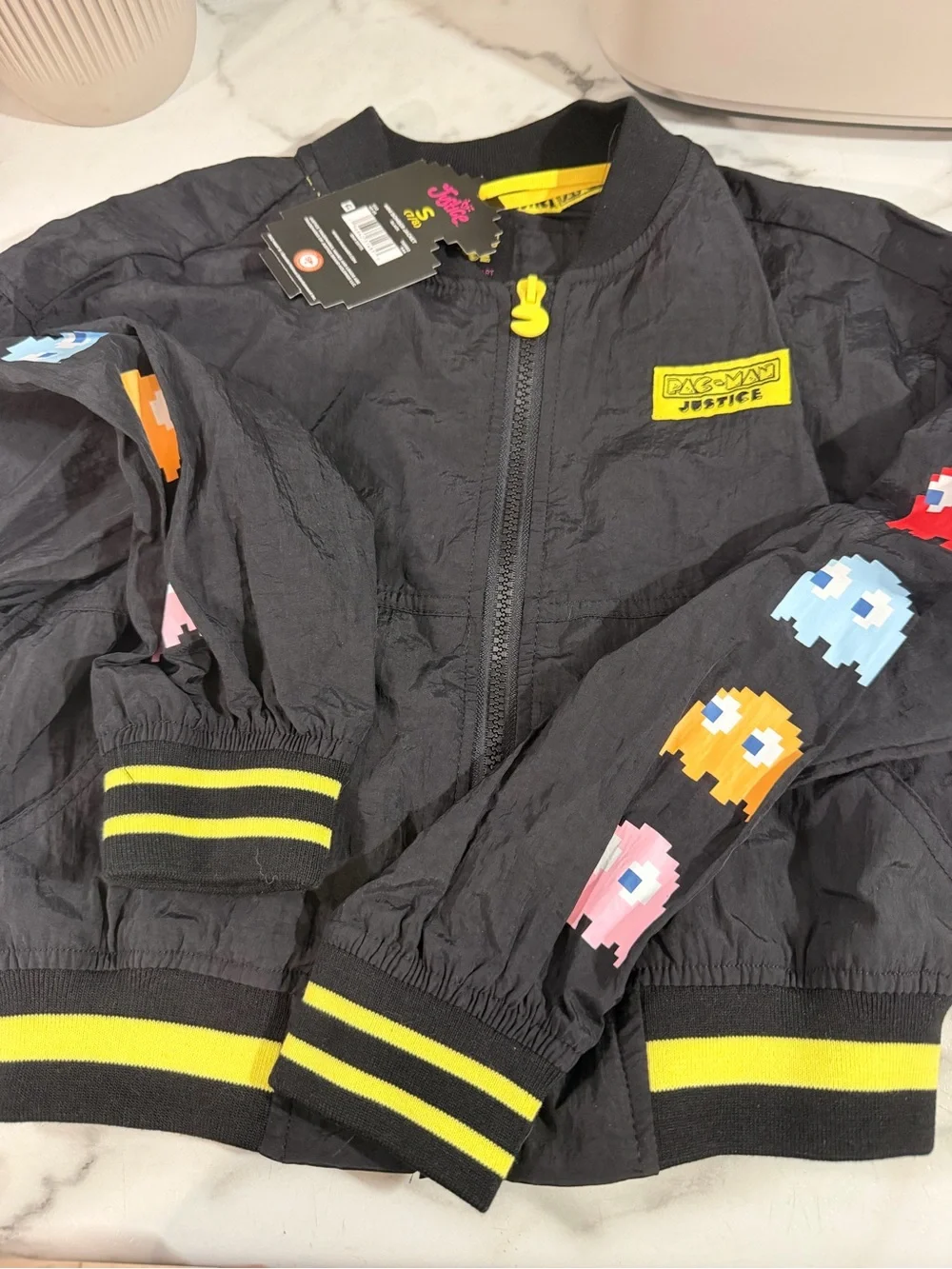 Justice Black Mini Bomber Jacket with Yellow Pac-Man Accents