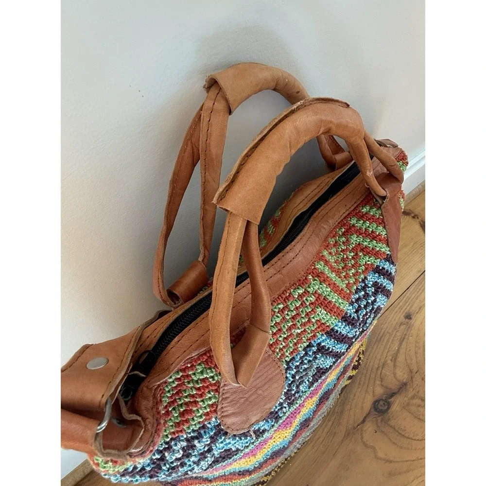 Bamboo Trading Co. Boho Weekender Bag Handmade Guatemala Handwoven Leather Strap