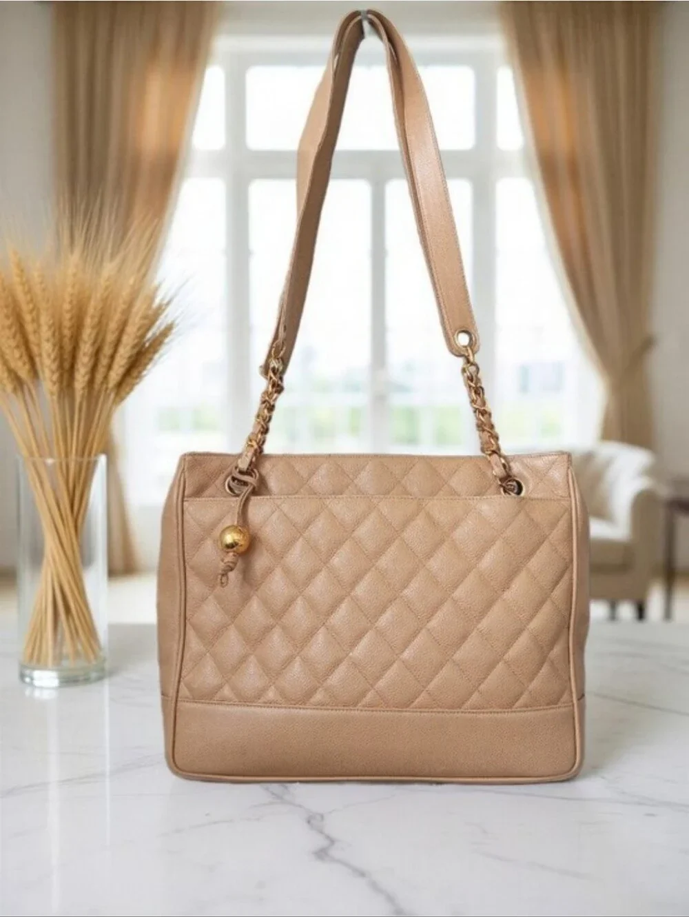 Chanel Vintage Beige Caviar Leather Quilted Tote 24K Gold Plated ✨️ COA