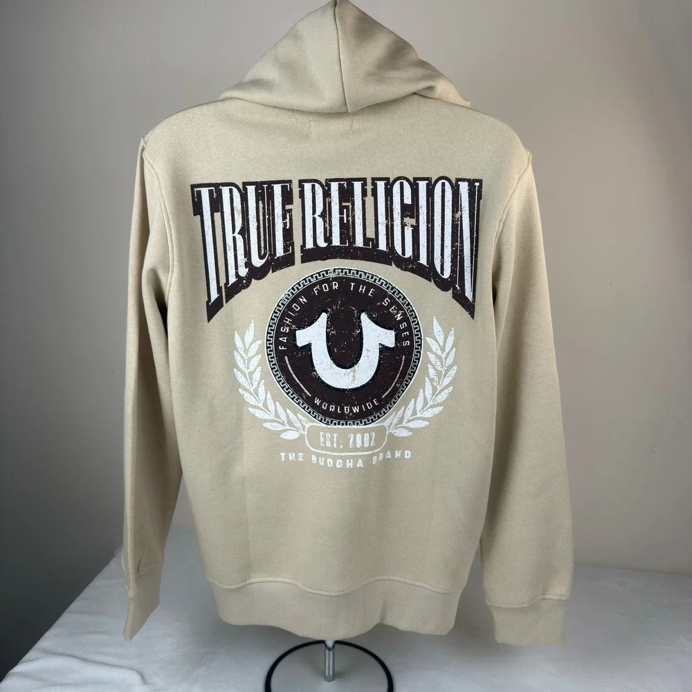 True Religion Mens College HS Zip Hoodie Fog Beige Graphic Sweatshirt Large 44