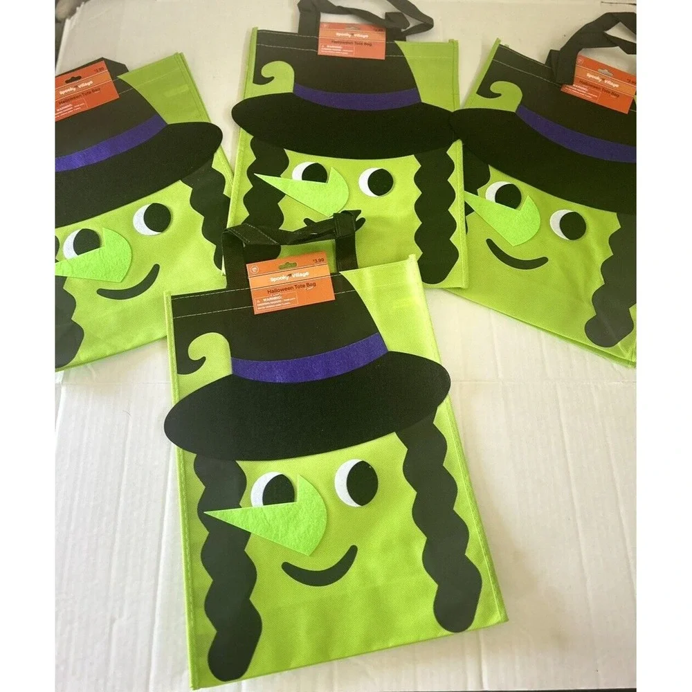 Trick or Treat Candy Bags Totes Halloween Fabric Witch Large Lot‎ of 4 Green New
