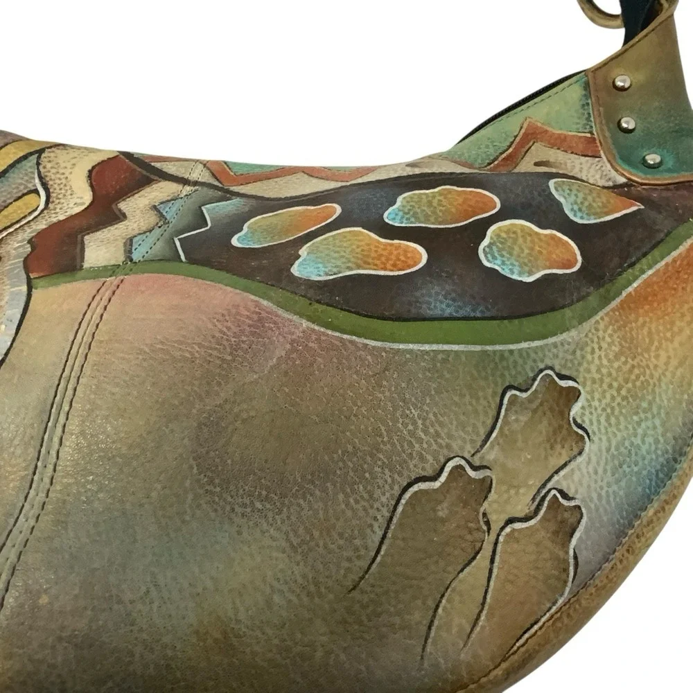 Anuschka Hand Painted Leather‎ Hobo Purse Shoulder Bag Whimsical Artsy Abstract