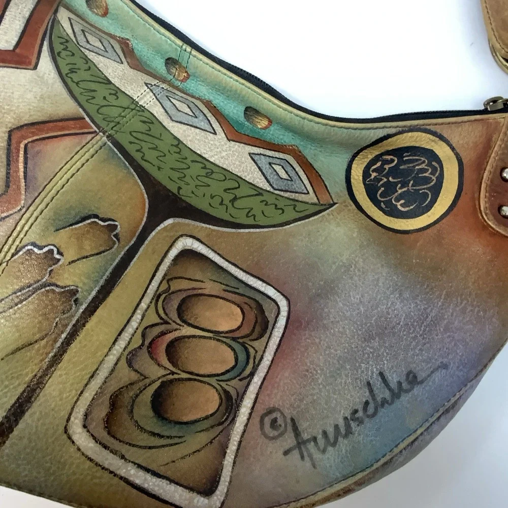 Anuschka Hand Painted Leather‎ Hobo Purse Shoulder Bag Whimsical Artsy Abstract