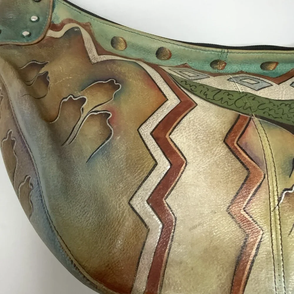 Anuschka Hand Painted Leather‎ Hobo Purse Shoulder Bag Whimsical Artsy Abstract