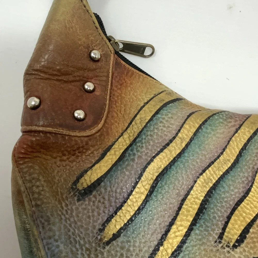 Anuschka Hand Painted Leather‎ Hobo Purse Shoulder Bag Whimsical Artsy Abstract