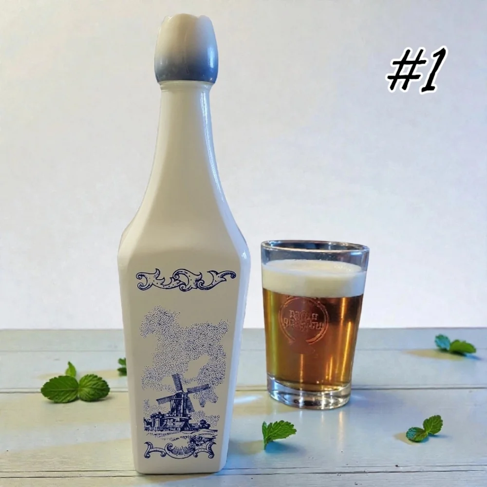 Vtg 60's Vandermint Milk Glass Liquor Bottle Delft Blue Windmills 11