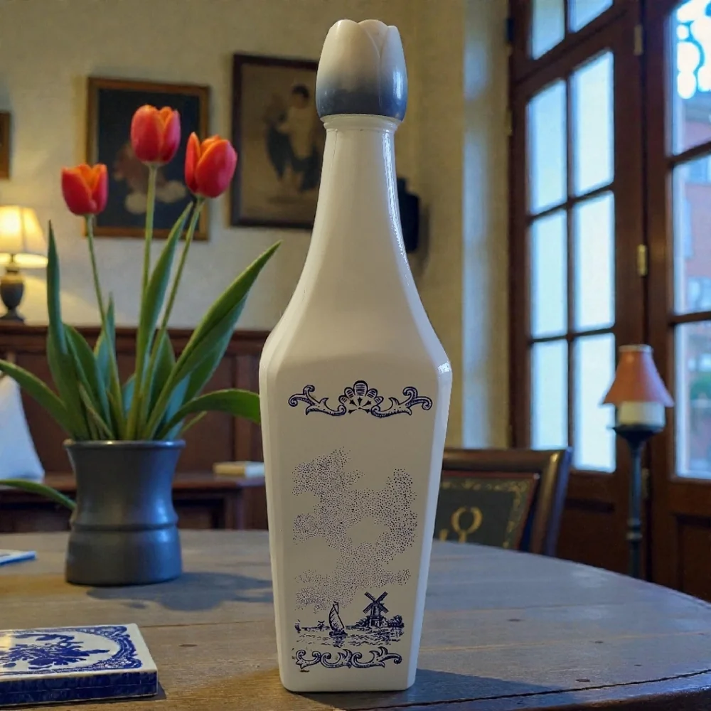 Vtg 60's Vandermint Milk Glass Liquor Bottle Delft Blue Windmills 11