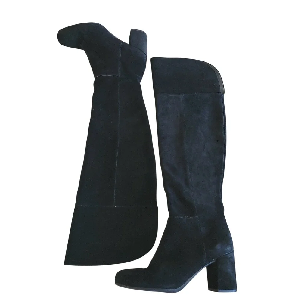 Franco Sarto Over The Knee Riding Boots Suede Block Heel Black 7.5 Leather Zipup