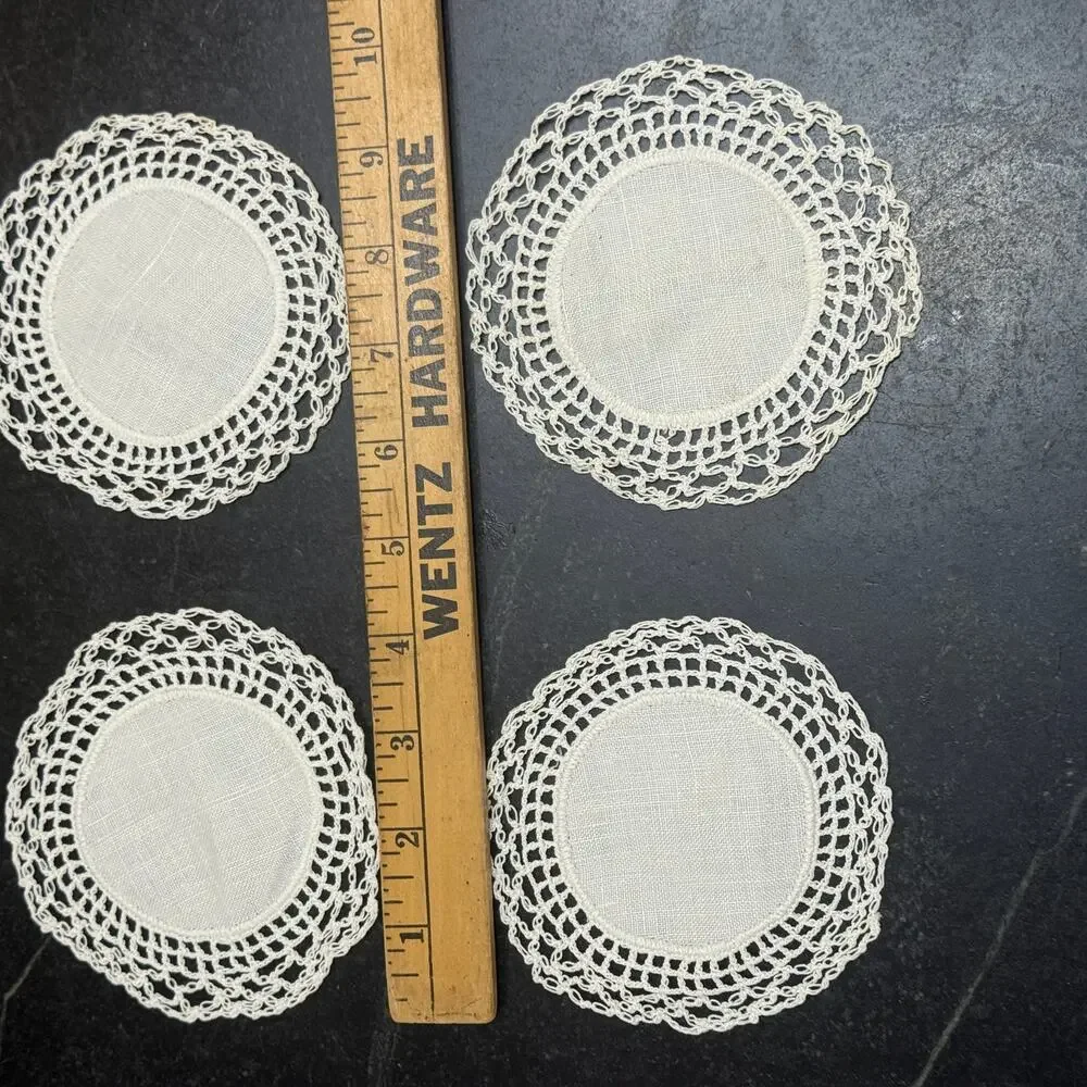 Vintage Linen Crochet Lace Doily Coasters Set of 4 White Round 3.5 inch