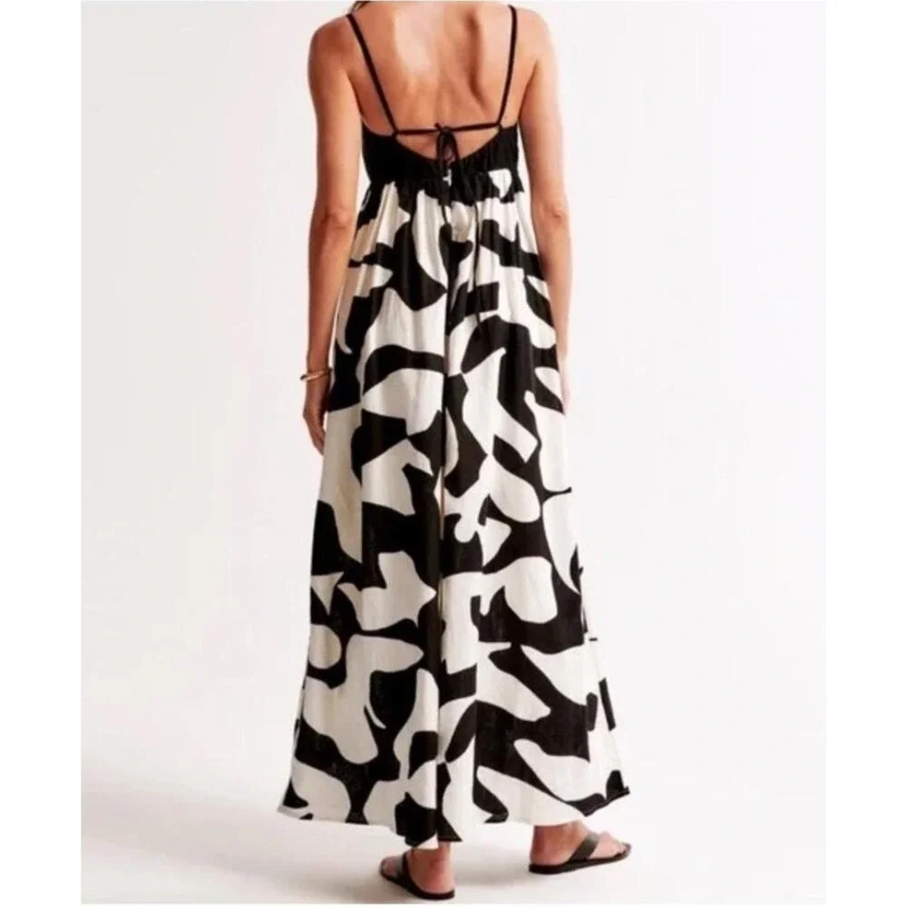 Abercrombie & Fitch Maxi Dress Womens XXST Black White Linen Abstract Print NWT