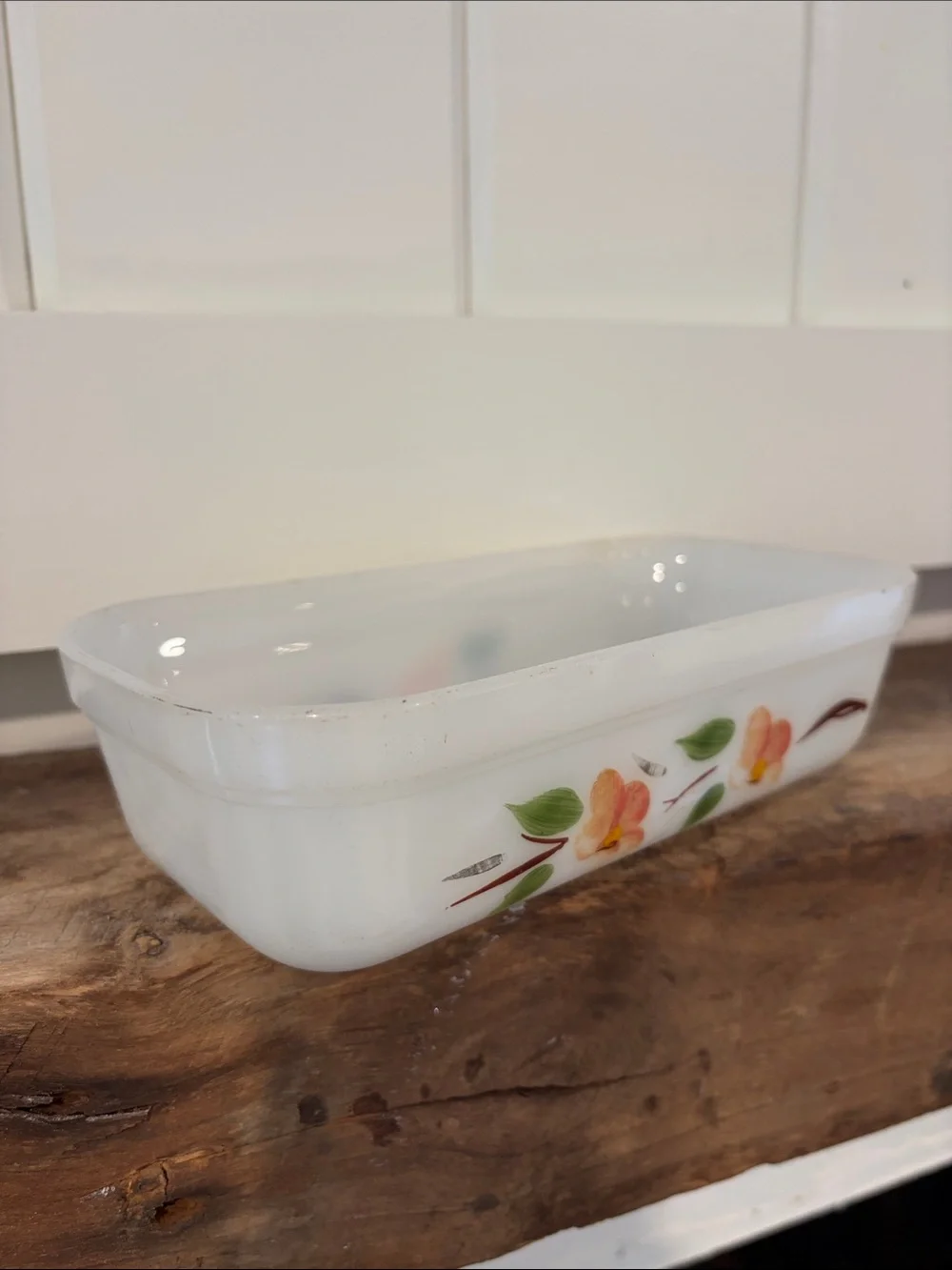 Fire King White Milk Glass Floral Loaf Pan with Orange and Green Flowers