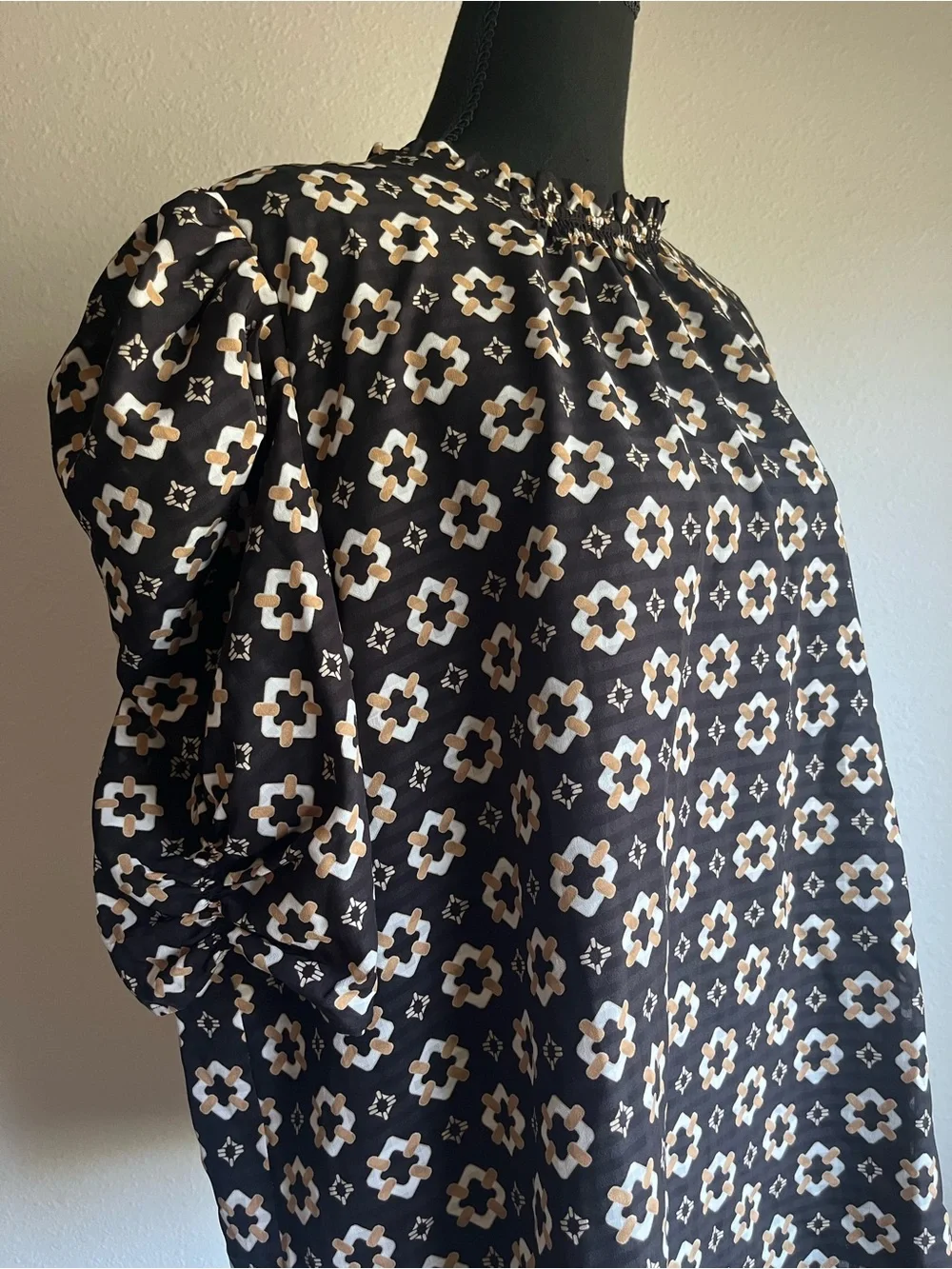 LOFT Black Floral Puff-Sleeve Mock-Neck Blouse