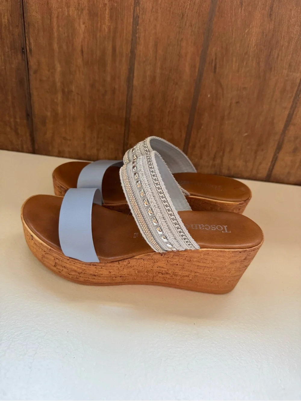 Toscanella Women blue Embellished Double Band Wedge Sandals Made In Italy  8.5