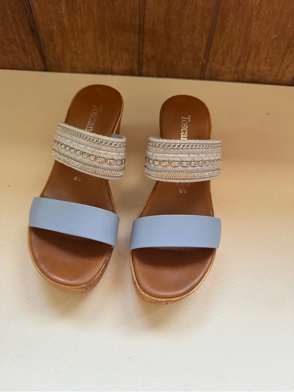Toscanella Women blue Embellished Double Band Wedge Sandals Made In Italy  8.5
