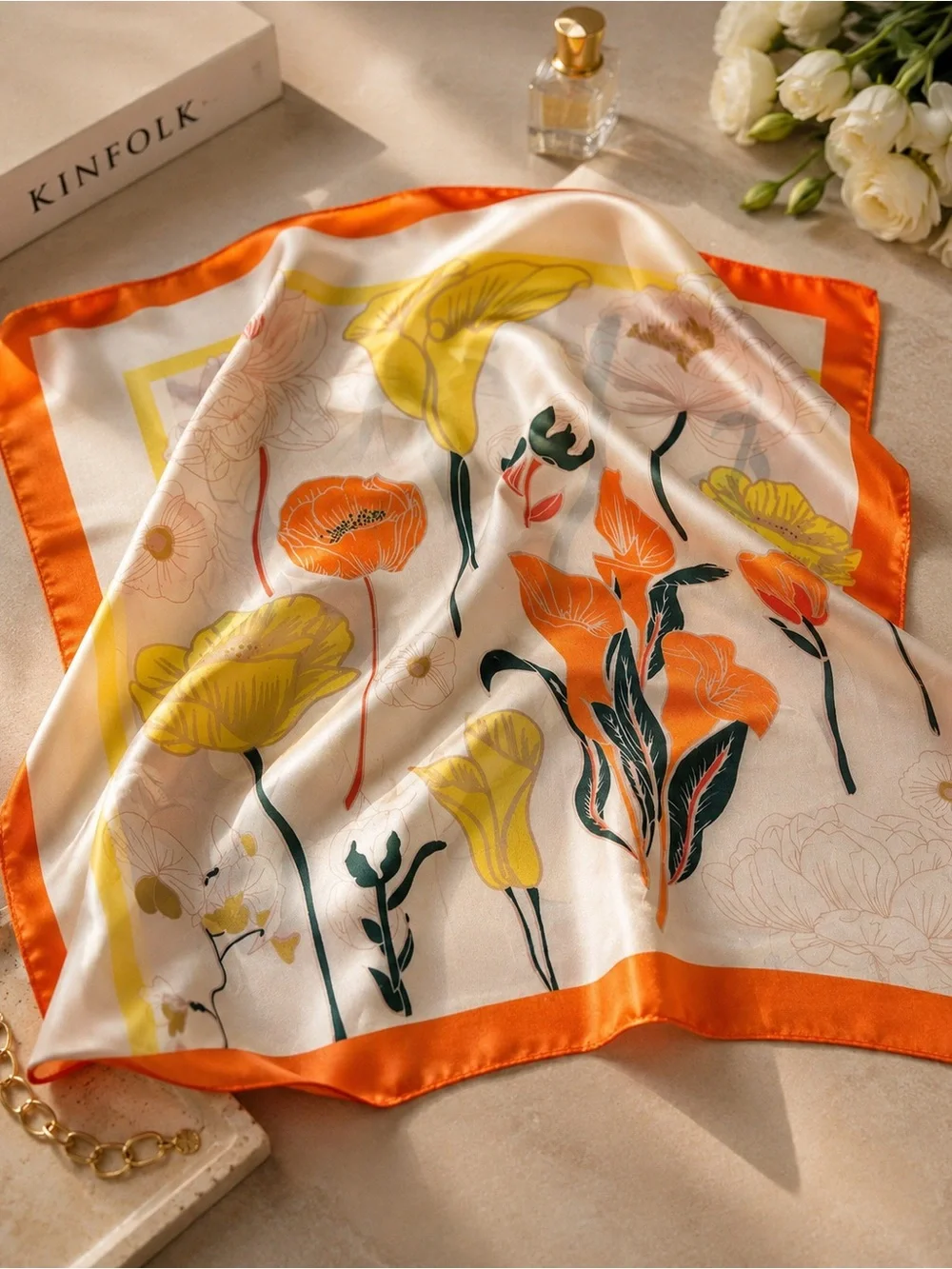 Floral Silk Scarf in Orange, Yellow, Cream