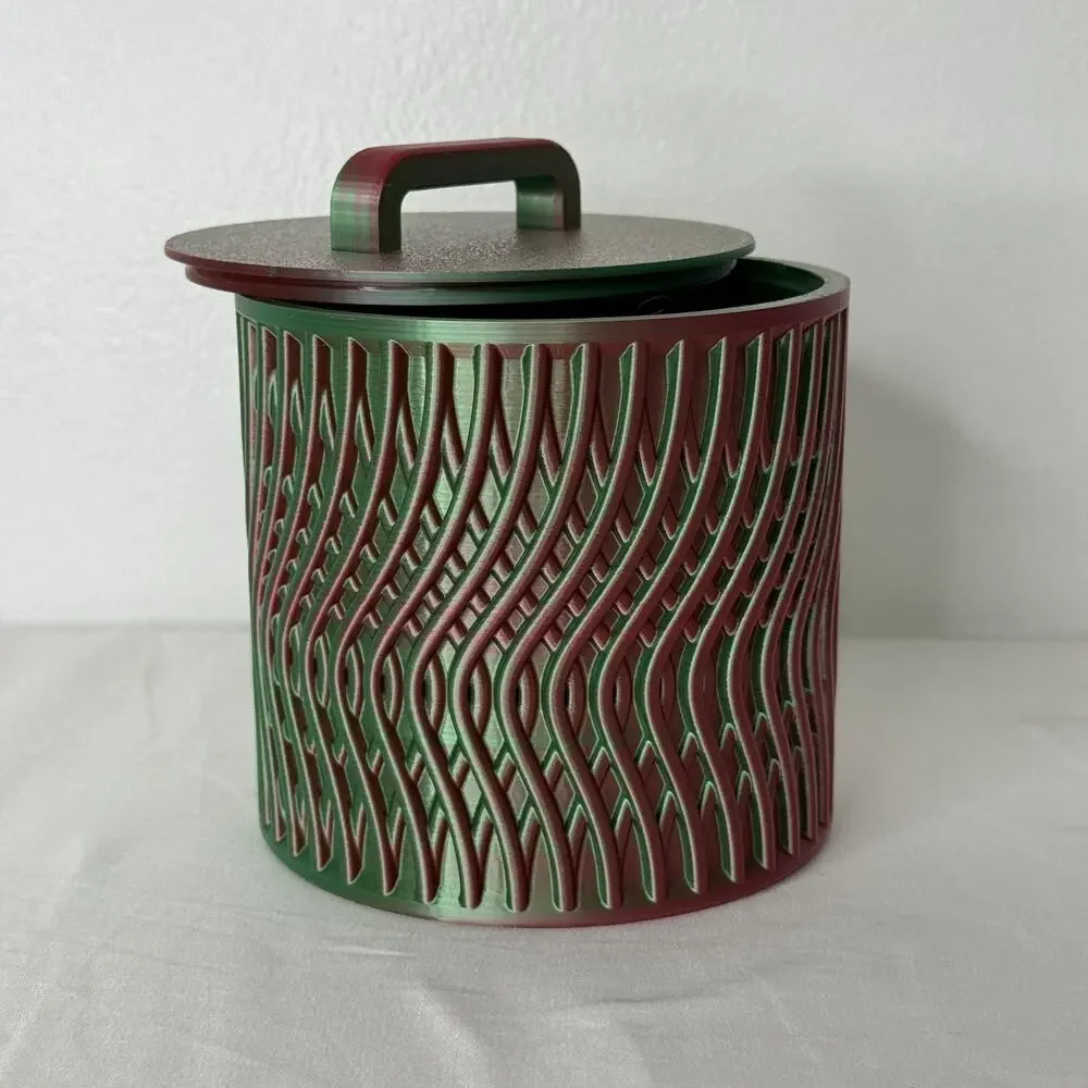 Wavy Pattern Lidded Storage Container Jar Green Red Multi Color Plastic Canister