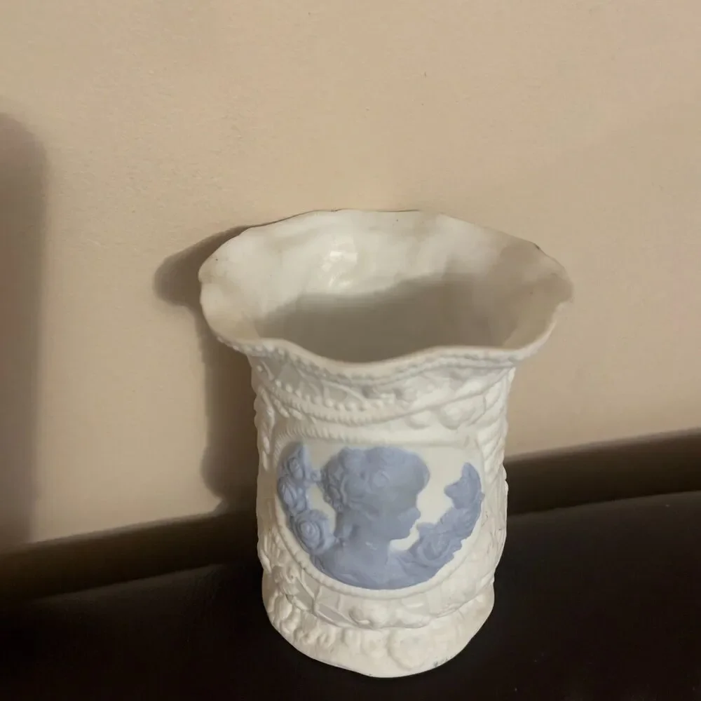 Vintage White Bisque Porcelain Cameo Pen Holder, Victorian Lady Blue Cameo Vase