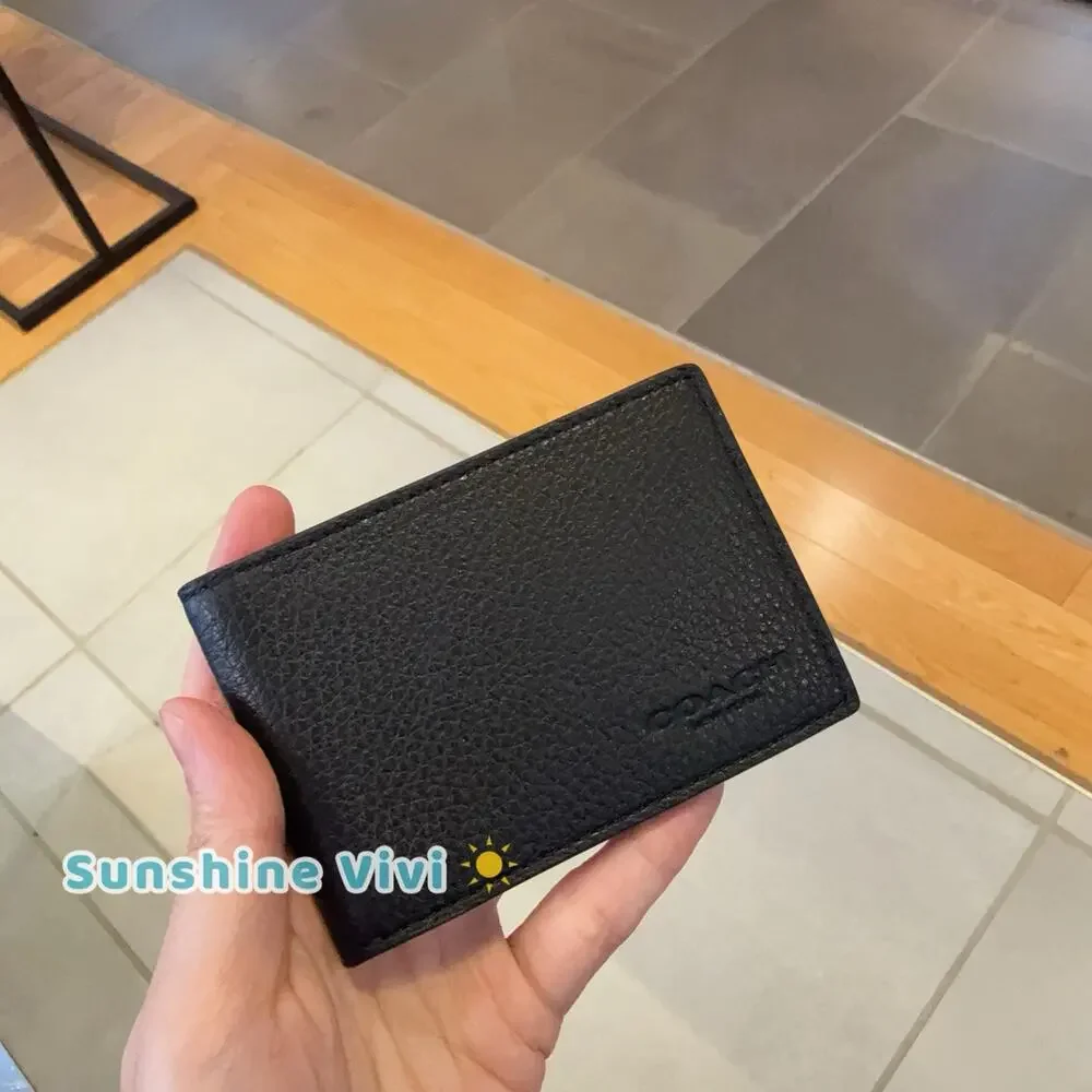NWT Coach Compact Billfold Wallet Gunmetal/Black Refined pebble leather cm167