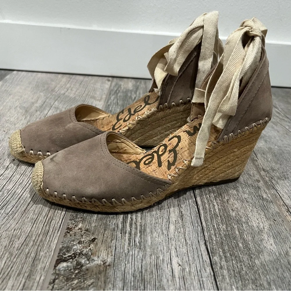 Sam Edelman Taupe Suede Espadrille Wedge with Cream Ribbon Tie