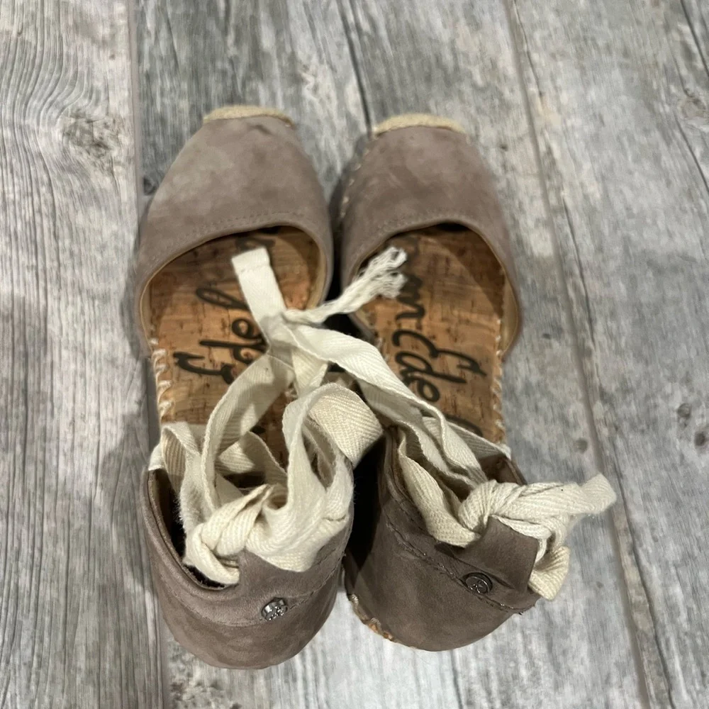 Sam Edelman Taupe Suede Espadrille Wedge with Cream Ribbon Tie