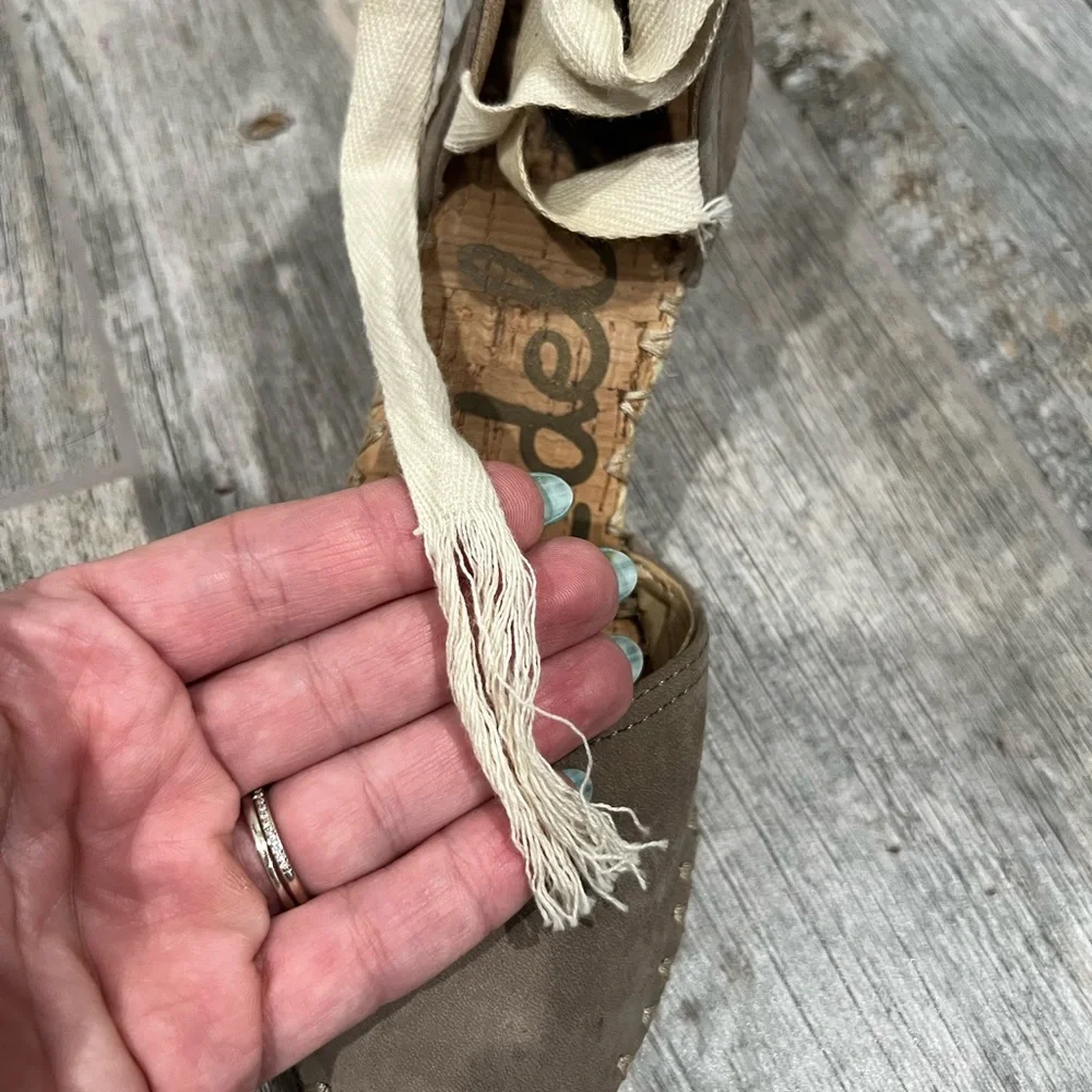 Sam Edelman Taupe Suede Espadrille Wedge with Cream Ribbon Tie
