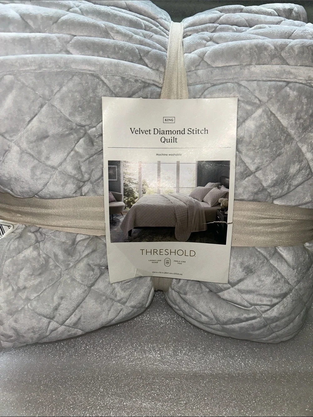Threshold King Quilted Diamond Stitch Velvet Quilt - Light Gray