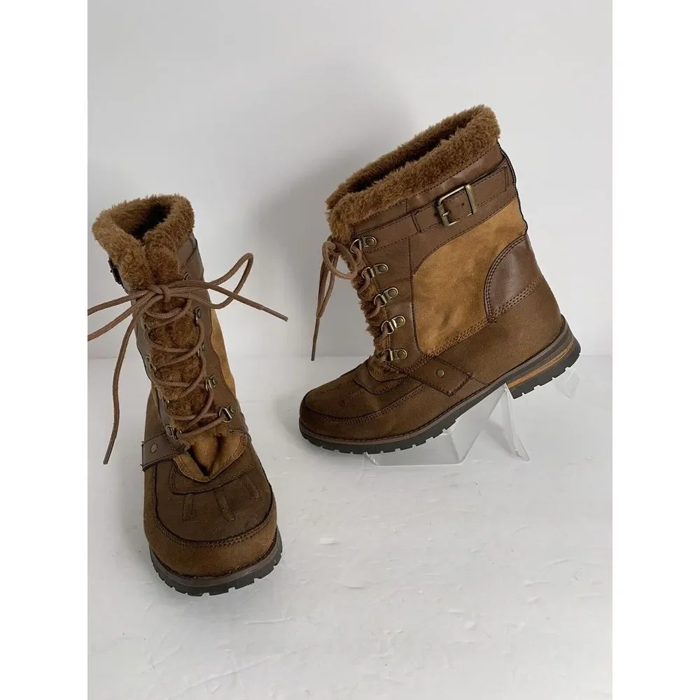 Rock & Candy New Danlea Brown Mid‎ Calf Winter Snow Faux Fur Lace Up Boots Sz 9